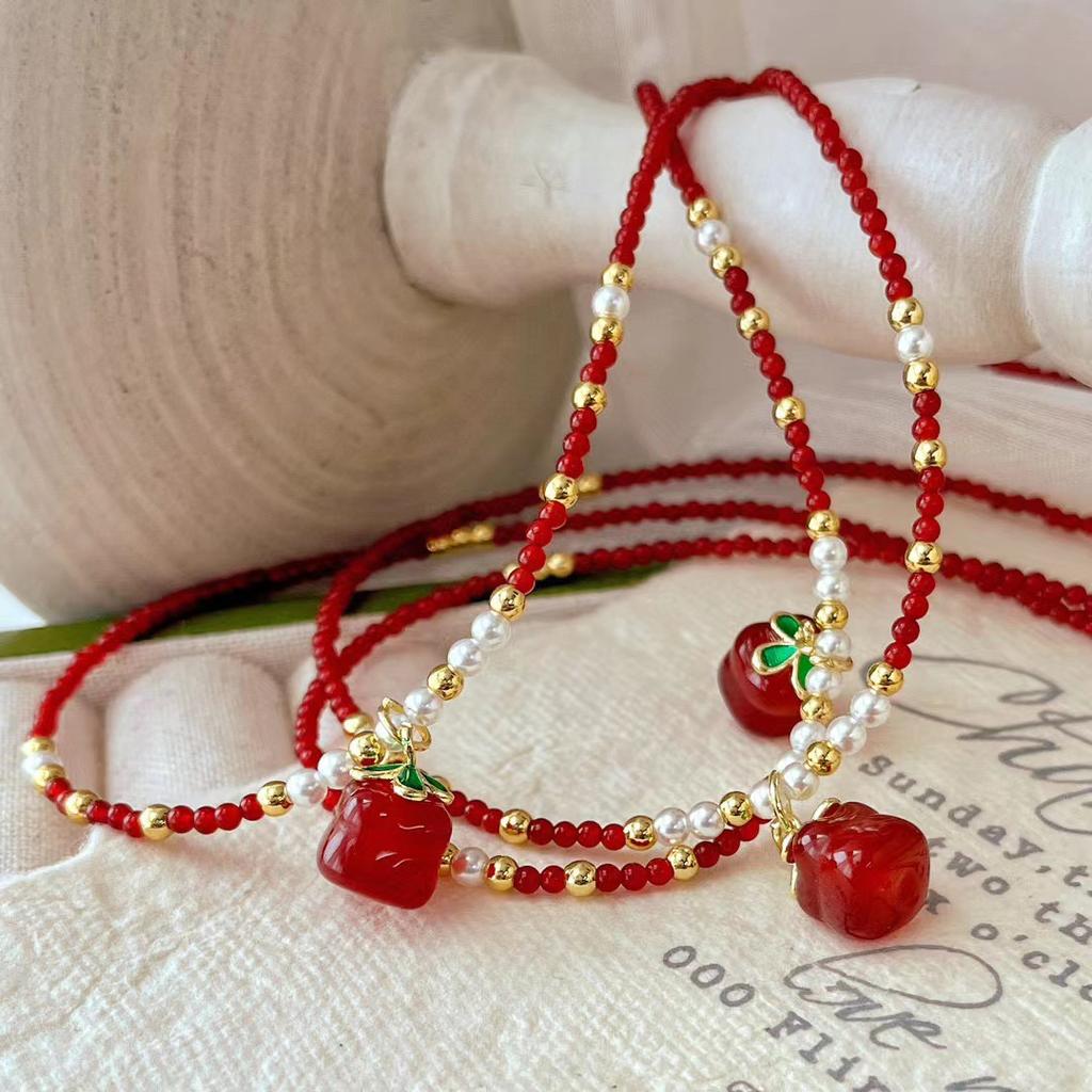 Retro High Quality Natural Pigeon Blood Red Chalcedony Collarbone Chain Small Persimmon Pendant Necklace 2M Agate