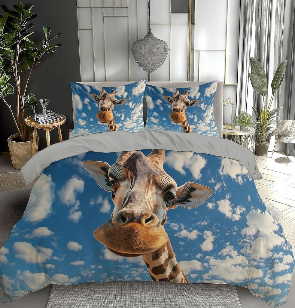 Giraffe 3D-gedruckte Bettbezug-Bettwäsche-Set, Weiche Mikrofaser-Kissenbezüge, Versteckter Reißverschluss Wildtier-Steppdeckenbezüge Für Kinder Jugendliche
