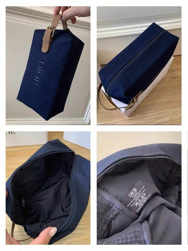 Dior 1 Piece Dark Blue Canvas Makeup Bag Embossed DIOR Logo Leather Strap Zipper Portable Travel Cosmetic Storage Pouch for Men Women