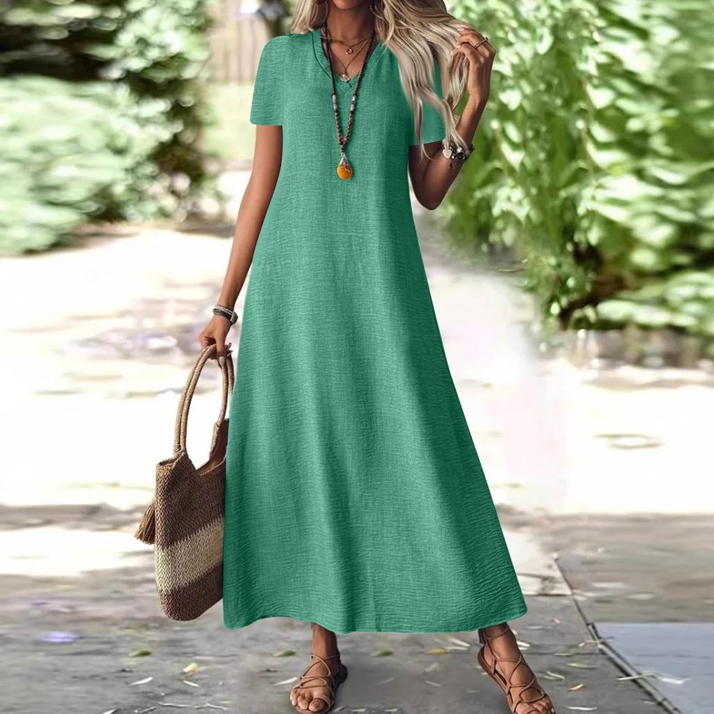 Women's Fashion V-Neck Short Sleeve Solid Color Zipper Casual Vacation Long Dress Cotton Linen Dresses