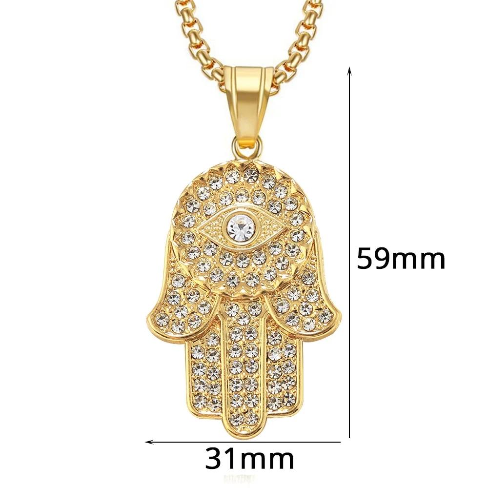 Türkisches Nazar Boncuk Hamsa Hand der Fatima Anhänger Halskette Goldfarbe Edelstahl Iced Out Ketten Für Damen Herren Hip Hop Schmuck