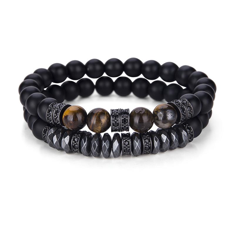 

Luxury 2Pcs/Set Men Zircon Bracelet Black Onyx Stone Beads Braslet Natural Hematite Tiger Eyes Braclet Armband Herren Pulseria чорний