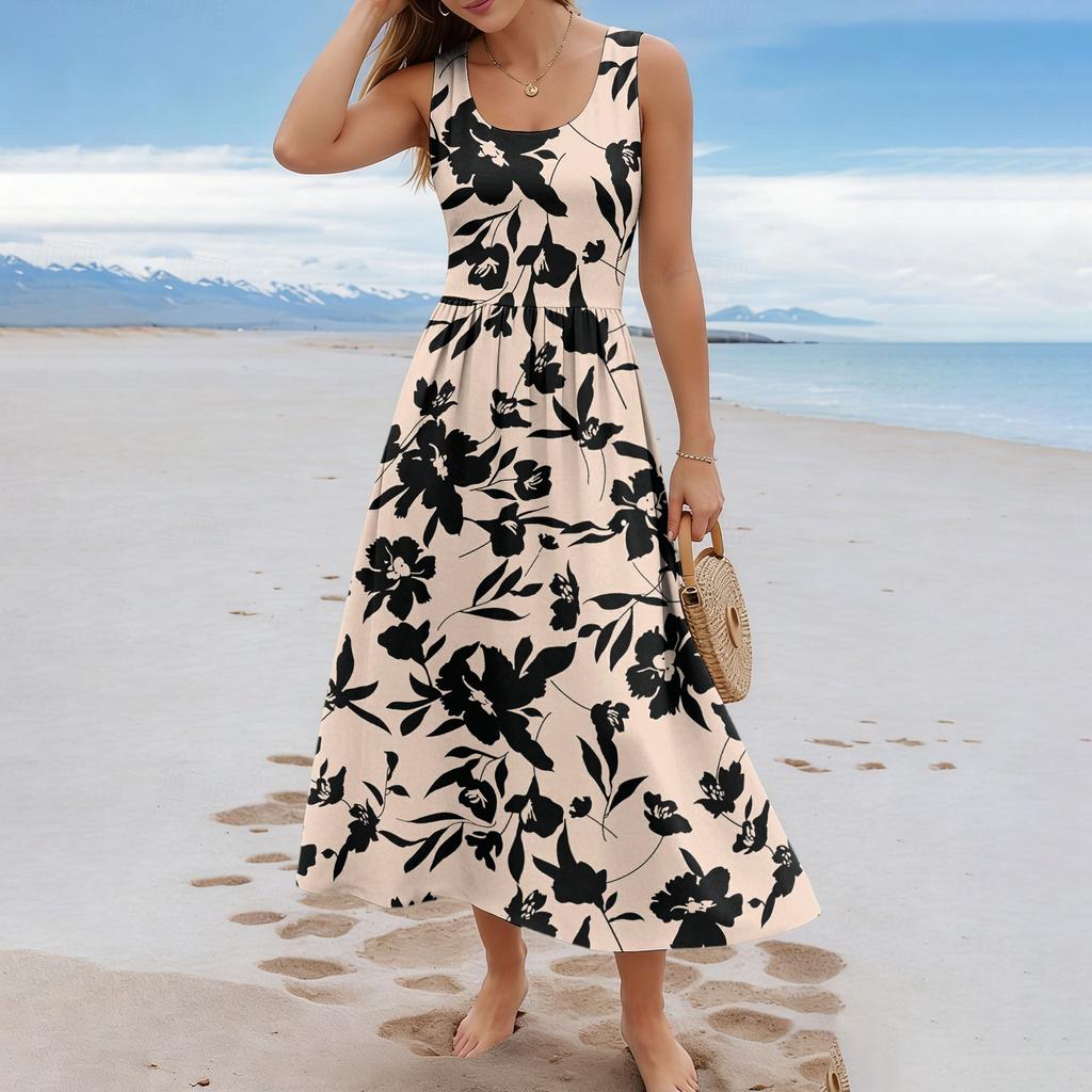 Ladies' floral summer casual and fashionable sleeveless long dress