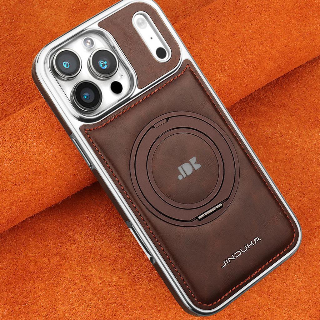 Luxury Magnetic 360 Rotating Kickstand Leather Phone Case For iPhone 17 Pro Max 16 Plus 15 14 13 Ring Holder for Magsafe Cover