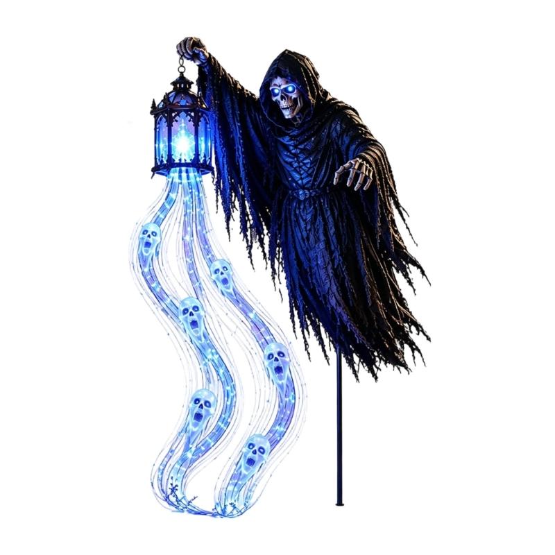 Erdspieß Halloween-Rasen Dekoration mit dunkler Kapuzenfigur, blauem Handlicht und Gesichts gemusterten Bändern für Außenbereiche 1 black