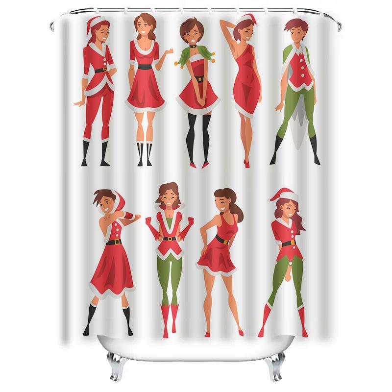 TU Christmas Shower Curtain Festive Holiday Decor Red Santa Girl Pattern Bathroom Decor Waterproof Fabric Home Textile Wall Hang