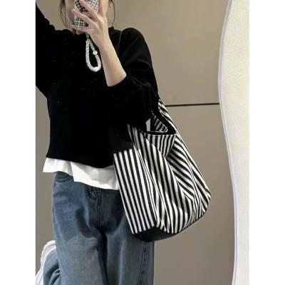 Large Capacity Tote Bag Women's New Versatile Canvas Striped Commuter Shoulder Bag Women's Casual Armpit Bag