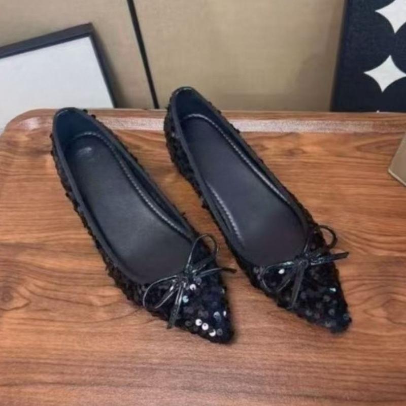 Fashion Inside Heightened Single Shoes Women's Fashion Pointed Toe Shallow Mouth Sequin Bow Soft Sole Non-Slip Wear-Resistant Flats