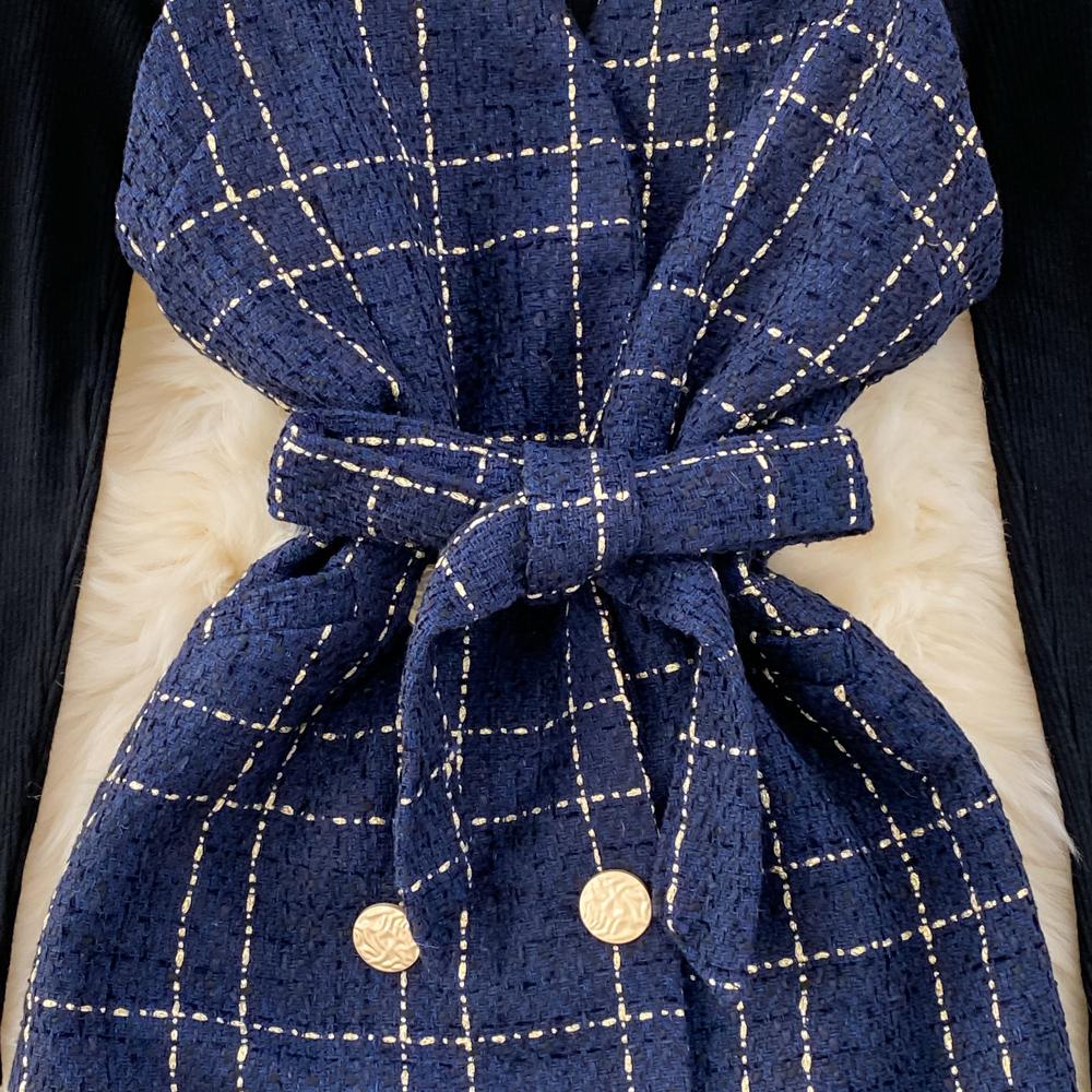 Sweet Two Piece Plaid Tweed Set Women Autumn Winter Base Sweater and Spaghetti Strap Mini Short Dresses Suits