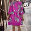 Elegant Women High Waist Leopard Print Button Flare Sleeve V Neck Midi Dress