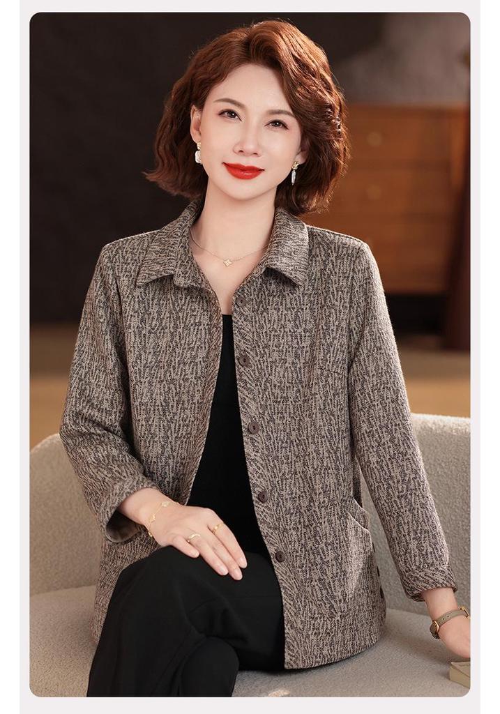 Autumn Lapel Shirt Jacket for Middle-Aged & Elderly Women - Loose Two-Piece Outerwear Set 