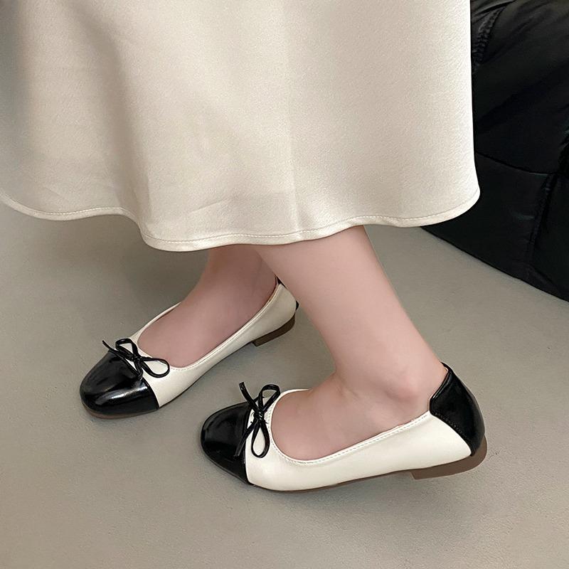 Fashion Round Toe Shallow Mouth Spliced Bow Slip-on Soft Non-Slip Wear-Resistant Square Heel Single Shoes