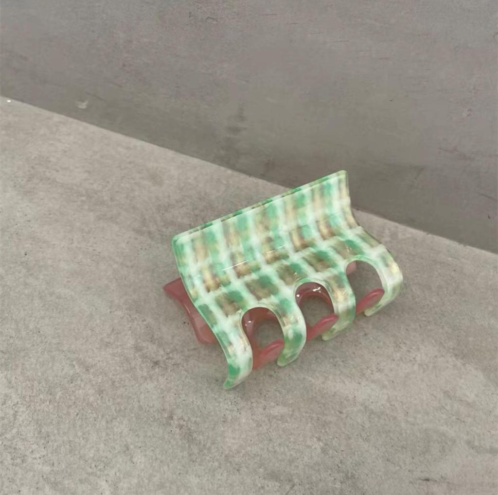 Rosa & Grün Karierter Acetat Haarclip - Große Zweifarbige Kralle für Ins Girl, Süßer Hinterkopf-Stil