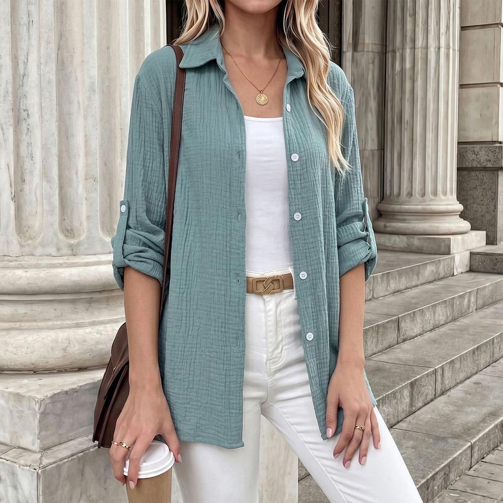 Women's Color Long Sleeve Button Down Shirt Loose Fit Casual Blouse for Fall