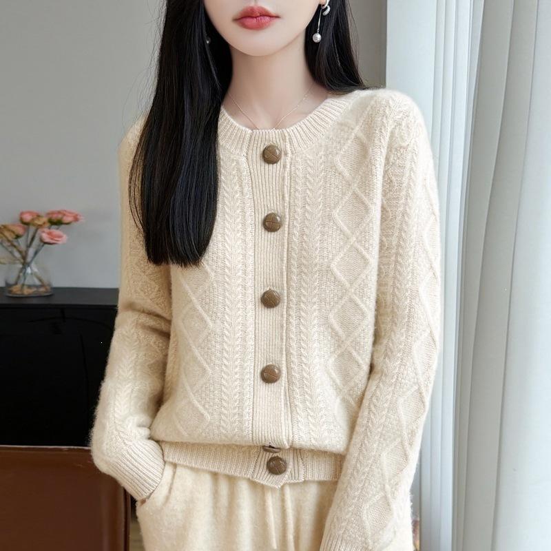 Women's Round-neck Long-sleeved Knitted Cardigan Coat, Women's Loose-fitting Woolen Top, Sweater