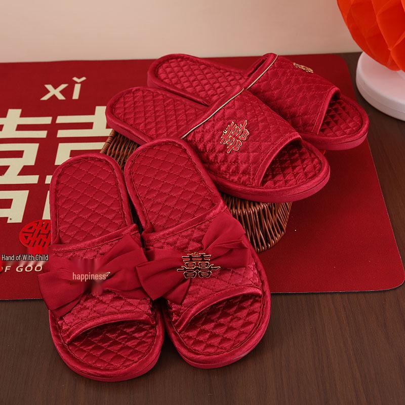 Festive Red Bride & Groom Wedding Slippers - Summer Dowry Gift Pair