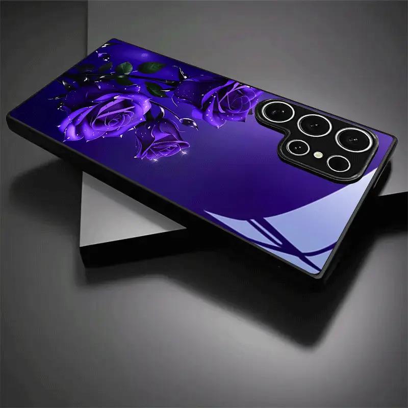 Purple rose pattern black tempered glass phone case suitable for Samsung Galaxy S26 S25 S24 S22 S21 S20 FE/Ultra/Plus anti-fall