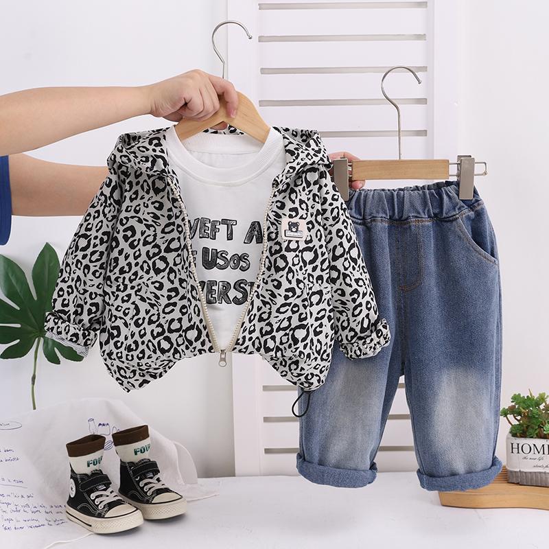 Boys' Long Sleeved 3-piece Set, Children's Leopard Print Hooded Jacket+round Neck White Top+casual Denim Pants