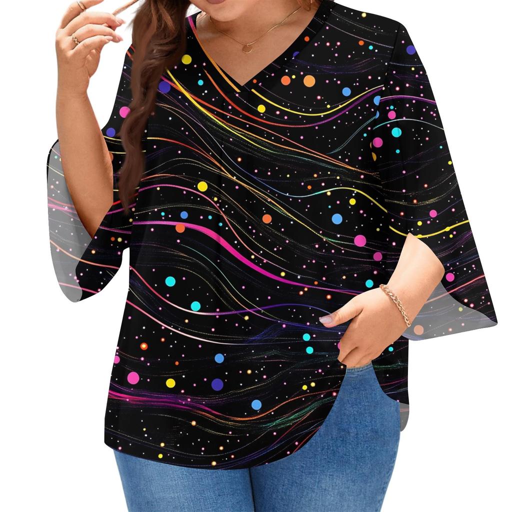 Damen Druck V-Ausschnitt Übergröße Tops 3/4 Ärmel Elegante Hemd-Tops