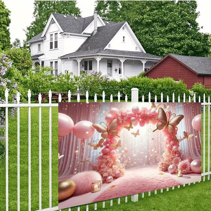 2D Dreamy Pink Curtain Backdrop with Sparkles and Balloons for Gender Reveals, Bridal Events and TV Shoots