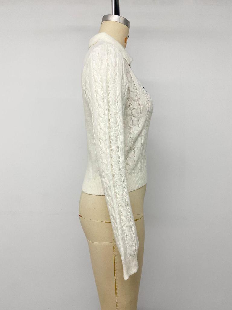 2026 Autumn/Winter Sweet College Style White Bow Embroidered Lapel Cable Knit Sweater