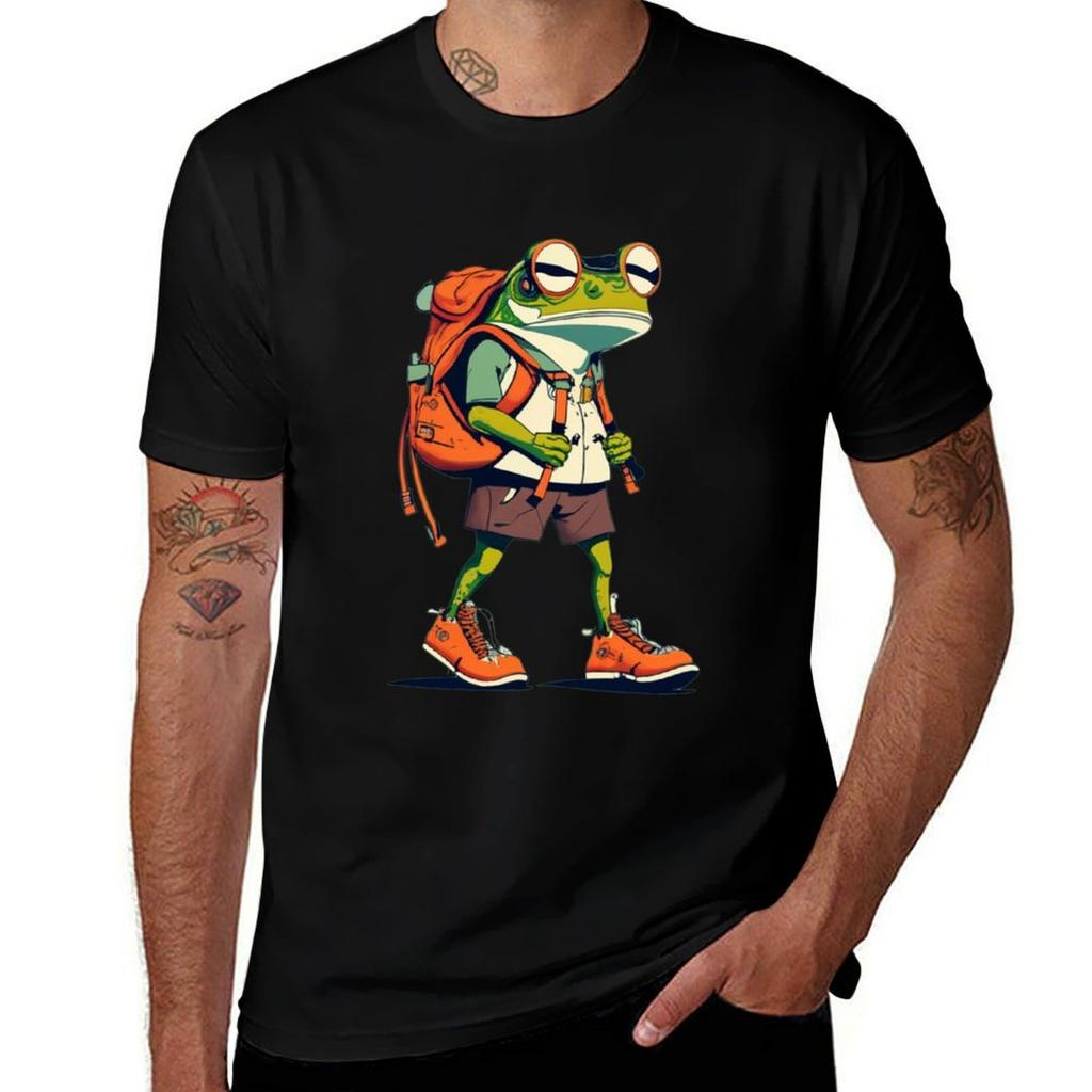 Funny Green Frog Hiking Cartoon T-Shirt Summer Festival T-Shirt