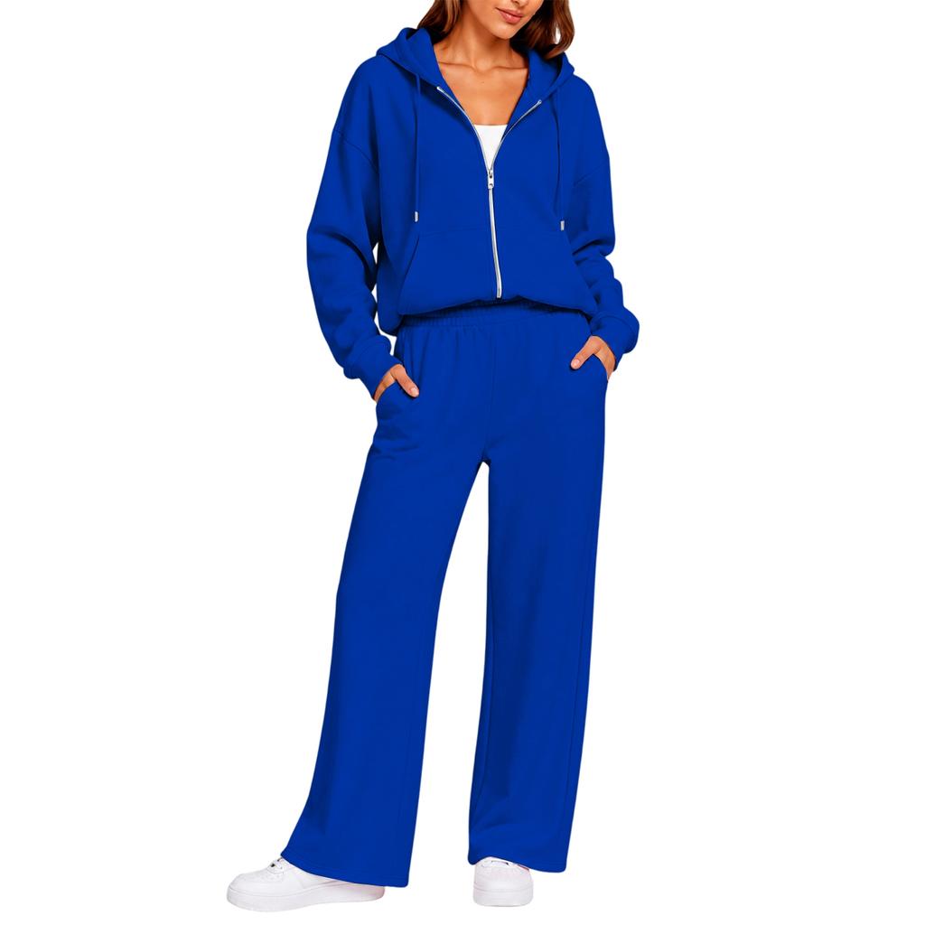 Completo Casual da Donna a Due Pezzi con Cardigan con Zip e Cappuccio e Pantaloni a Gamba Larga