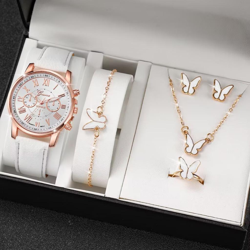 5/6PCS Fashion Women's Quartz Watch Leather Band Analog Wrist Watches Heart Rhinestone Jewelry Set(Without Box)