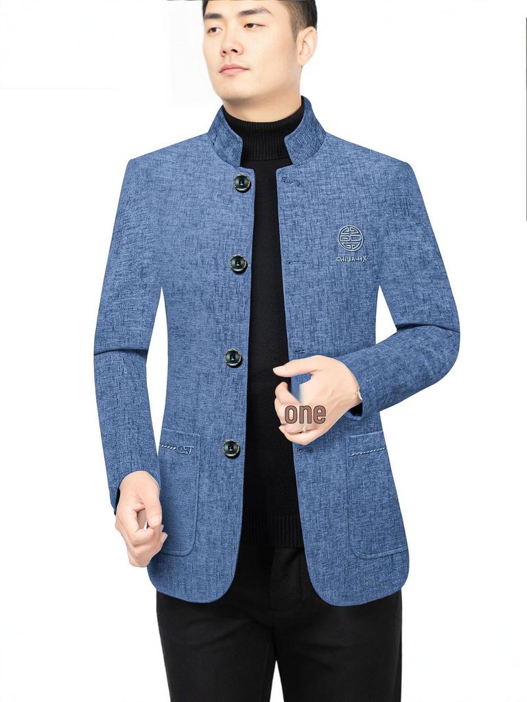 Men's Ethnic Style Woolen Stand-Up Collar Jacket - Business Casual, Warm Winter Wear for Middle-Aged Dads