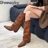 Retro Rivet Thick Heel Women Western Cowboy Fashion Slip on Knight Long Booties Autumn Winter De Mujer