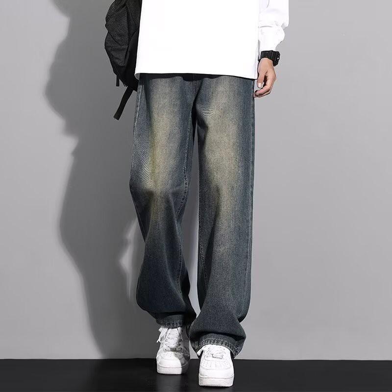 Mens Vintage Washed Straight Fit Denim Jeans Loose Wide Leg Casual Streetwear Trousers
