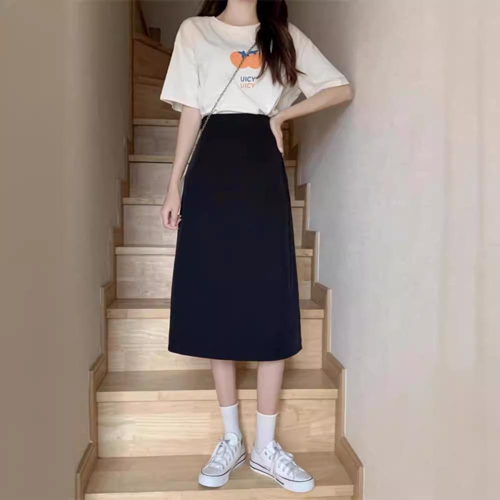 Dámská sukně áčkového střihu s vysokým pasem a zadním rozparkem - Korejská móda, Slim střih, Střední až dlouhá délka