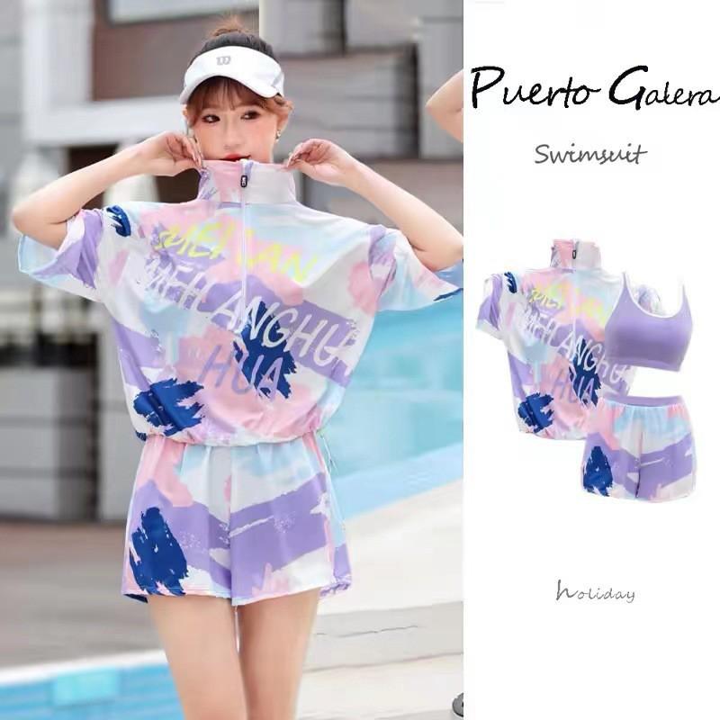 

Tengchuang Купальник Женский Раздельный Боксеры Спортивный Трехкомпонентный С коротким рукавом Защита от солнца Девочки Закрывающий живот Стройнящая Блузка Консервативный Быстросохнущий M фиолетовый