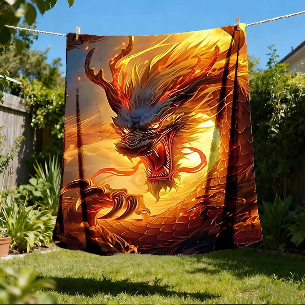 1pc Fire Dragon Art Print Throw Blanket Polyester Fiber, Lightweight Flannel, Soft & Warm, All Season Use for Outdoor, Camping Digital Print
