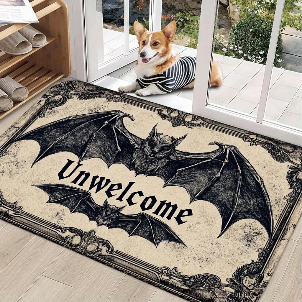 Gothic Aesthetic Unwelcome Bat Door Mat Vintage Pattern Non-Slip Durable Entrance Pad Perfect for Dark Style Home Porch Decor