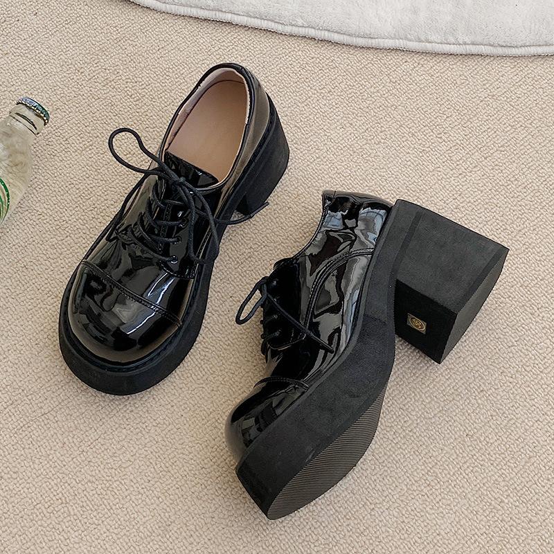 2024 Vår Høst Damesko med Kraftig Høy Hæl Enkelsko Svarte Platform Snøresko Elegante Runde Tå Mary Jane Loafers Sko