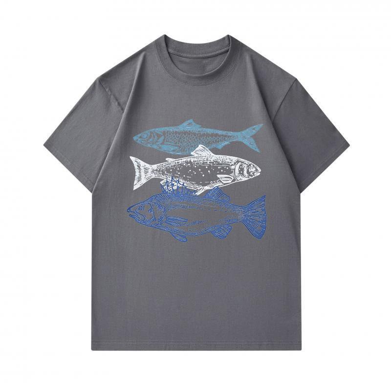 Men's 100% Cotton Crew Neck Short Sleeve T-Shirt, Casual Retro Three Fish Printed Comfortable Tee, Lightweight Breathable Daily Summer Top for Men