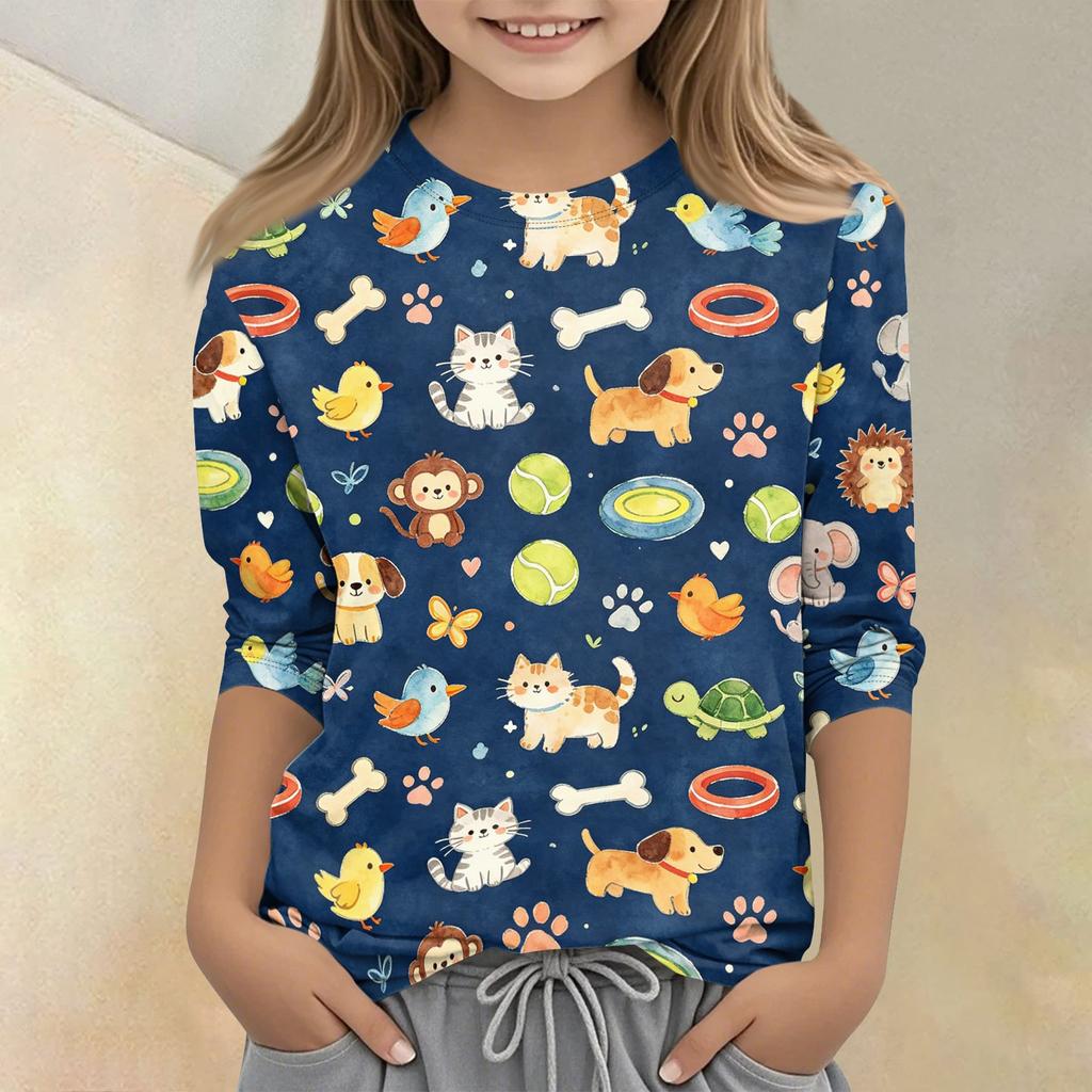 Kinder Tierdruck Rundhals Dreiviertelarm Lässiges T-Shirt Weicher Bequemer Stoff Geeignet für den Alltag und Spielzeit