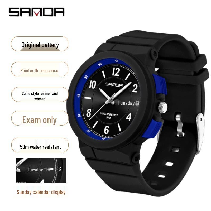 

SANAD Luminous Waterproof Youth Exam Silent Quartz Watch with Double Calendar and Large Numbers