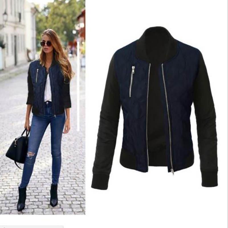 Stylish Womens Classic Padded Bomber Jacket Vintage Zip Biker Coat Long Sleeves