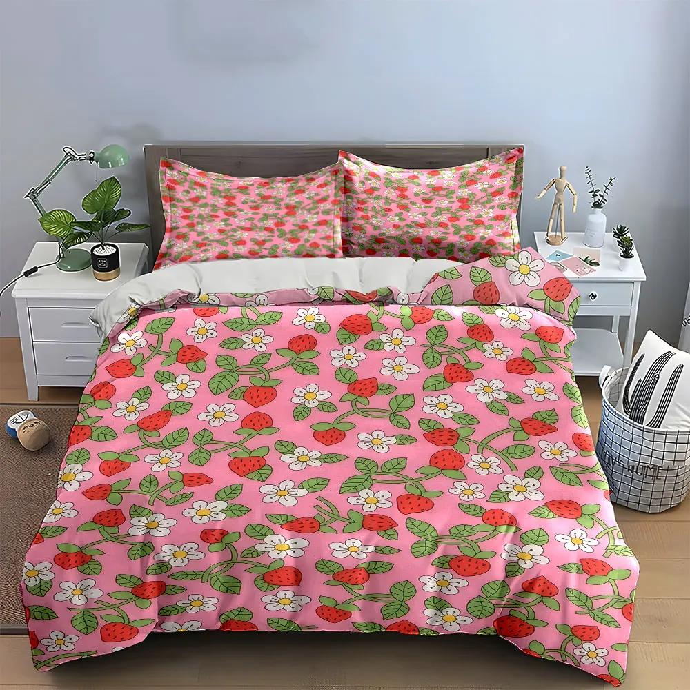 Strawberry Floral Decorative Set Soft Comfortable Duvet Cover Bedding Set Included 1*Duvet Cover & 2*Pillowcases gift