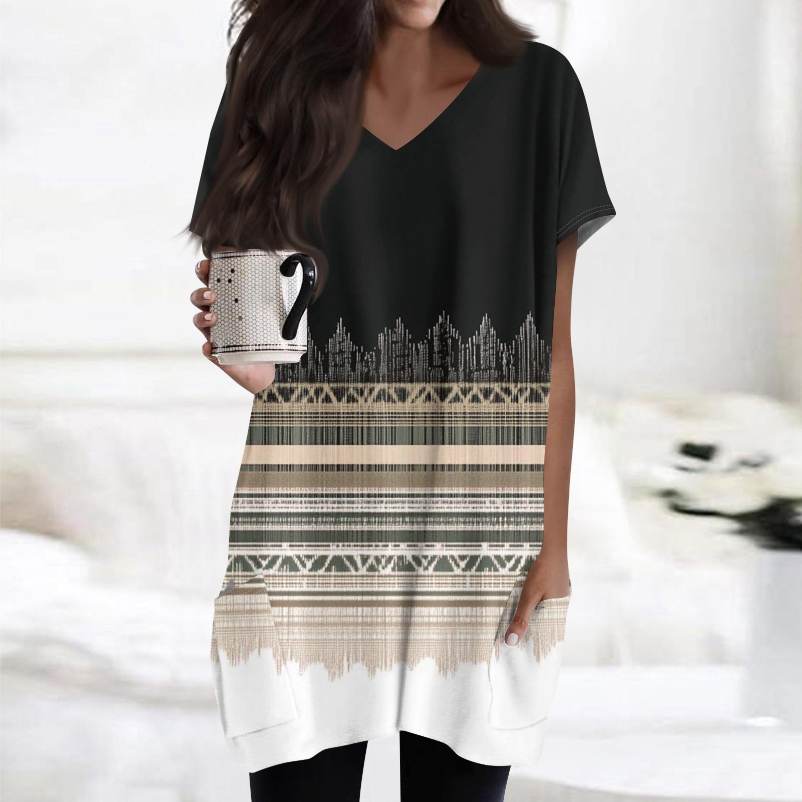 

Женские топы с V-образным вырезом, блузки с коротким рукавом, повседневные рубашки средней длины, модные туники с принтом и карманами S хаки