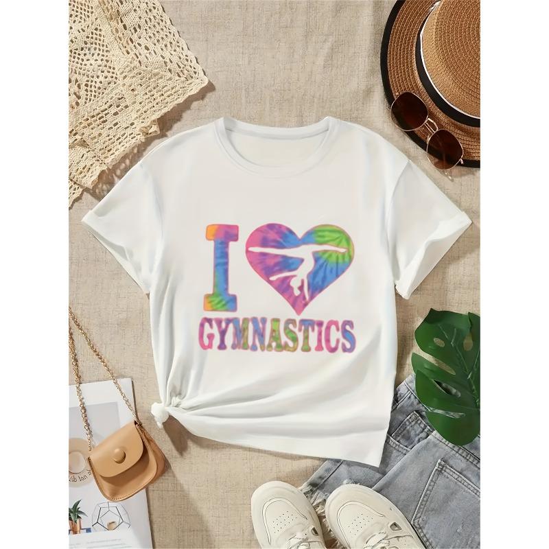 

European sizes Girls Gymnastics-Themed T-Shirt - Cute I LOVE GYMNASTICS & Gymnast Print Short Sleeve Top 164cm білий