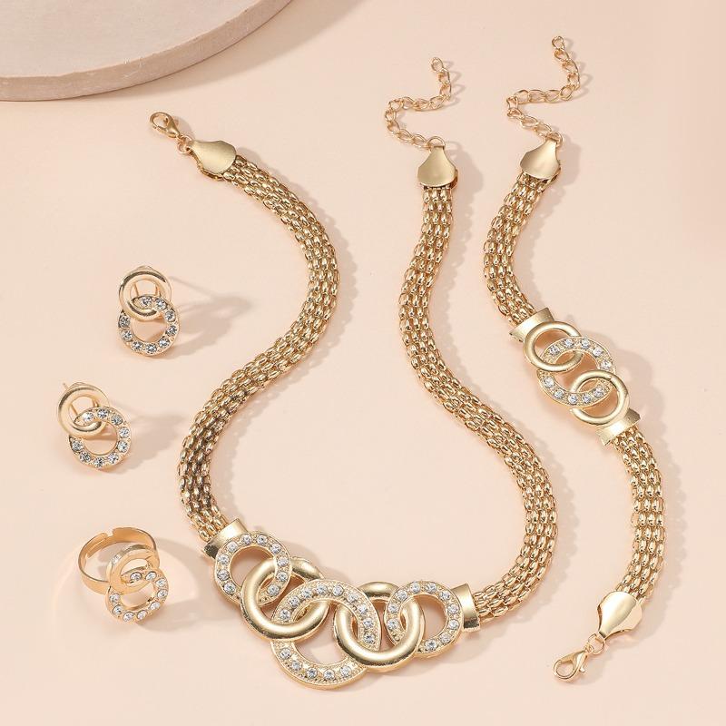 Exquisite five-piece fashion jewelry women's suit, gorgeous rhinestone cross ring necklace, stud earrings, bracelet, ring set.
