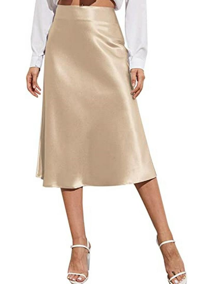 Women's High-Waist Satin Midi Skirt - Elegant Solid Color with Zipper