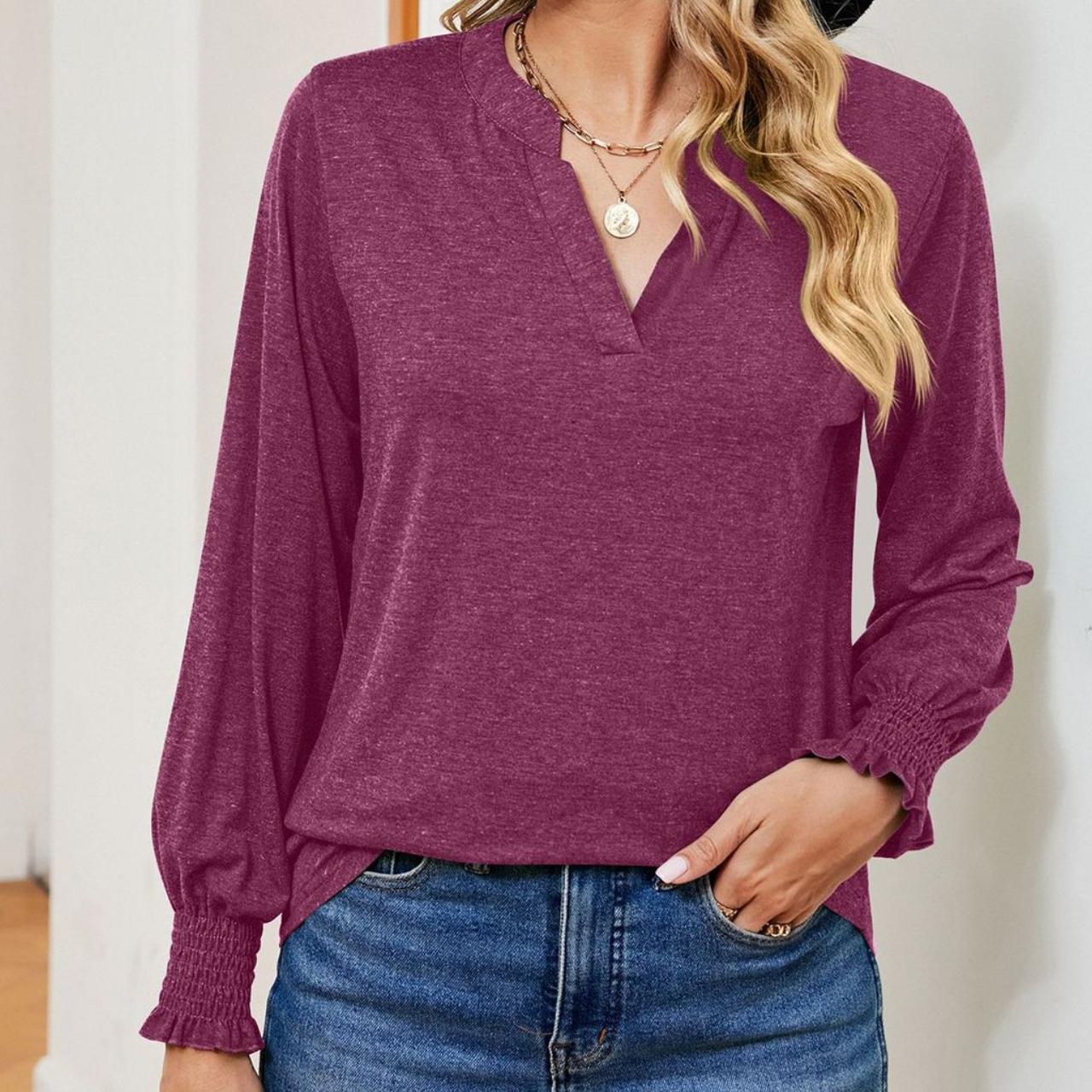 BITCED Осень/зима однотонная свободная повседневная футболка с v-образным вырезом — фото 12