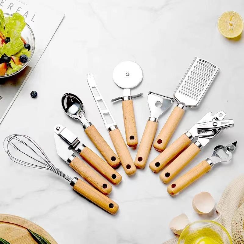 9Pcs Kitchen Gadget Set With Wooden Handle, Stainless Steel Cooking Tools Kitchen Accessories Pizza Cutter, Egg Whisk, Vegetable Set