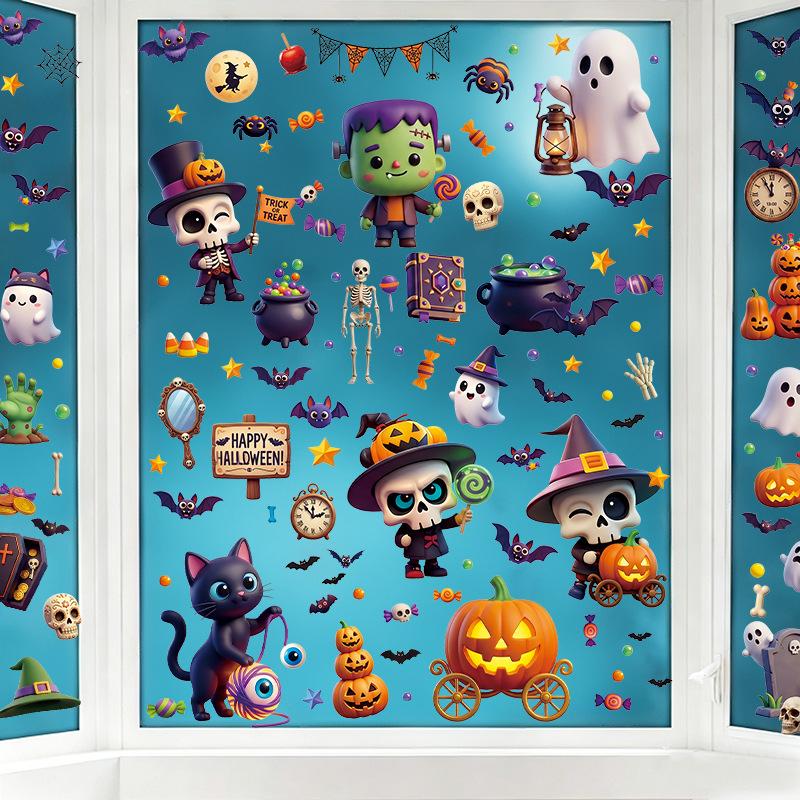 Halloween Cartoon Static Cling Window Stickers, Pumpkin Ghost Skeleton Candy Decals for Holiday Party Home Window, Glass and Seasonal Decoration