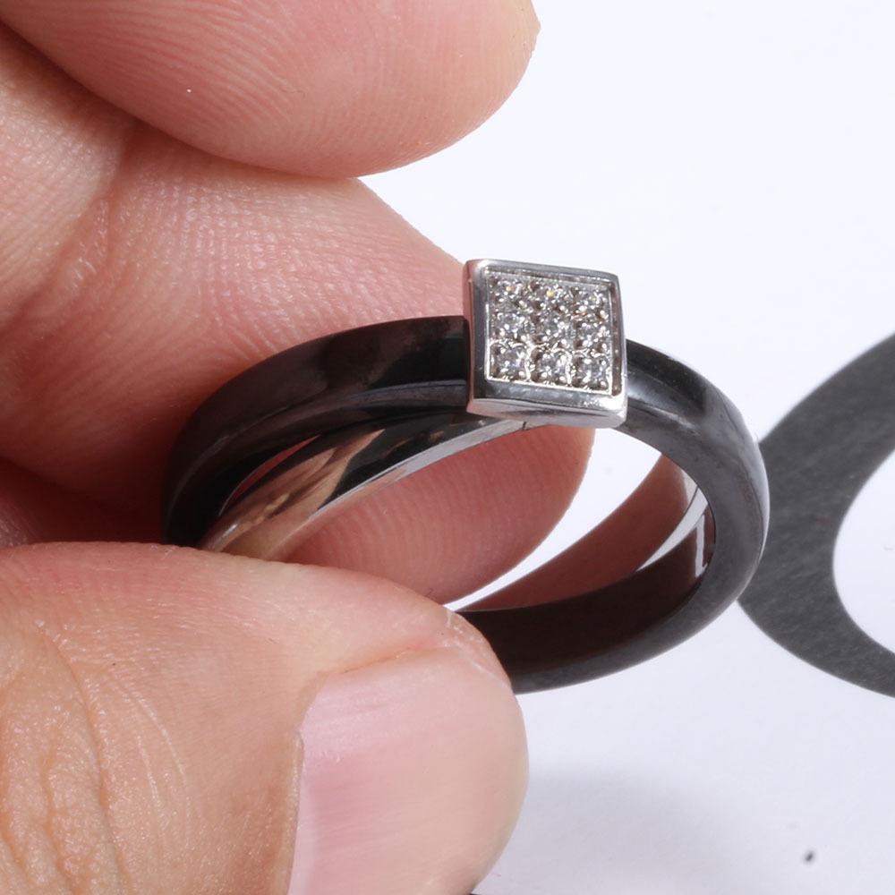 European & American 7MM Zirconia Inlaid Stainless Steel Black Silver Ceramic Women's Ring