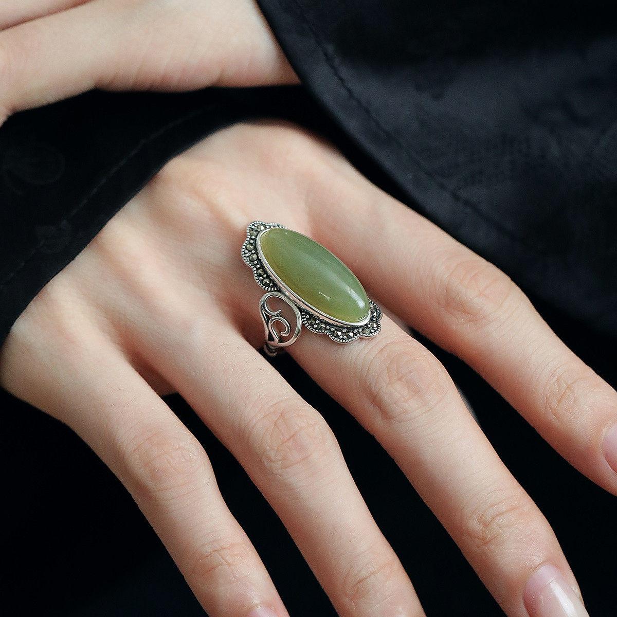 925 Silver Egg Noodles Hetian Jade Lace Ring Women s National Style New Chinese Style Ring Jewelry 2026 Resizable